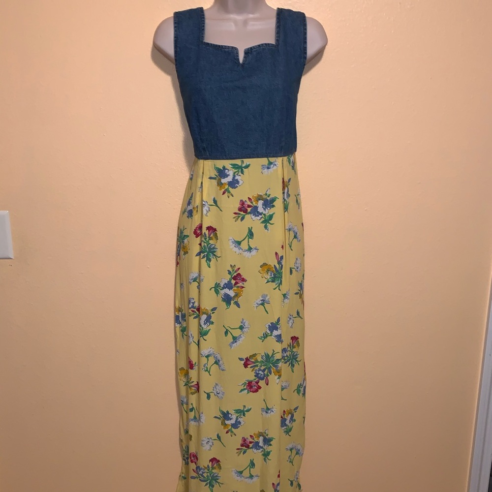 Vintage 90s Y2K sz M Boho Grunge Maxi Dress Blue Denim Crinckled Rayon Long